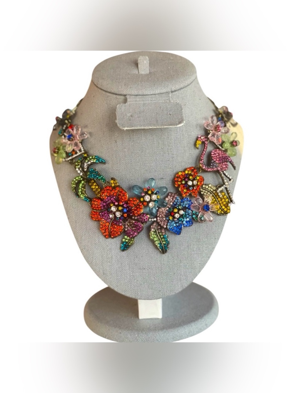 Charming Charlie Tropical Flamingo & Floral Crystal Crusted Statement Necklace